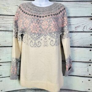 H&M L.O.G.G Fair Isle Knit Sweater XS Cream Gray Pink Wool Blend Pullover